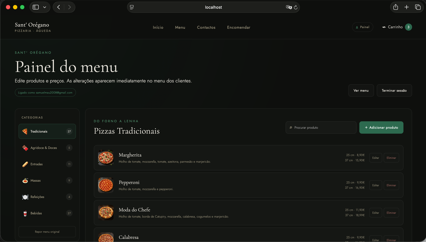 Painel de administração do menu