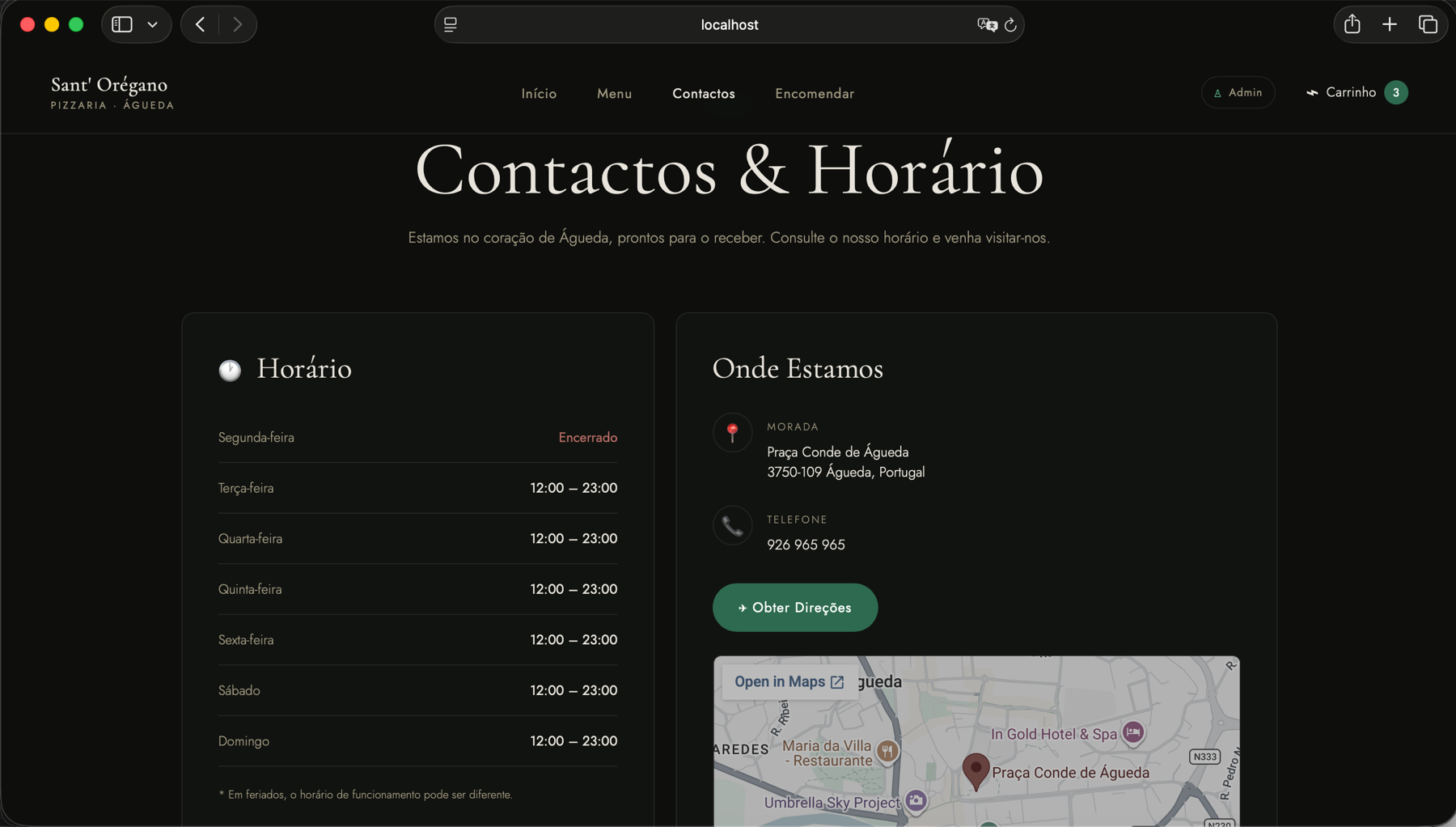 Página de contactos, localização e horário