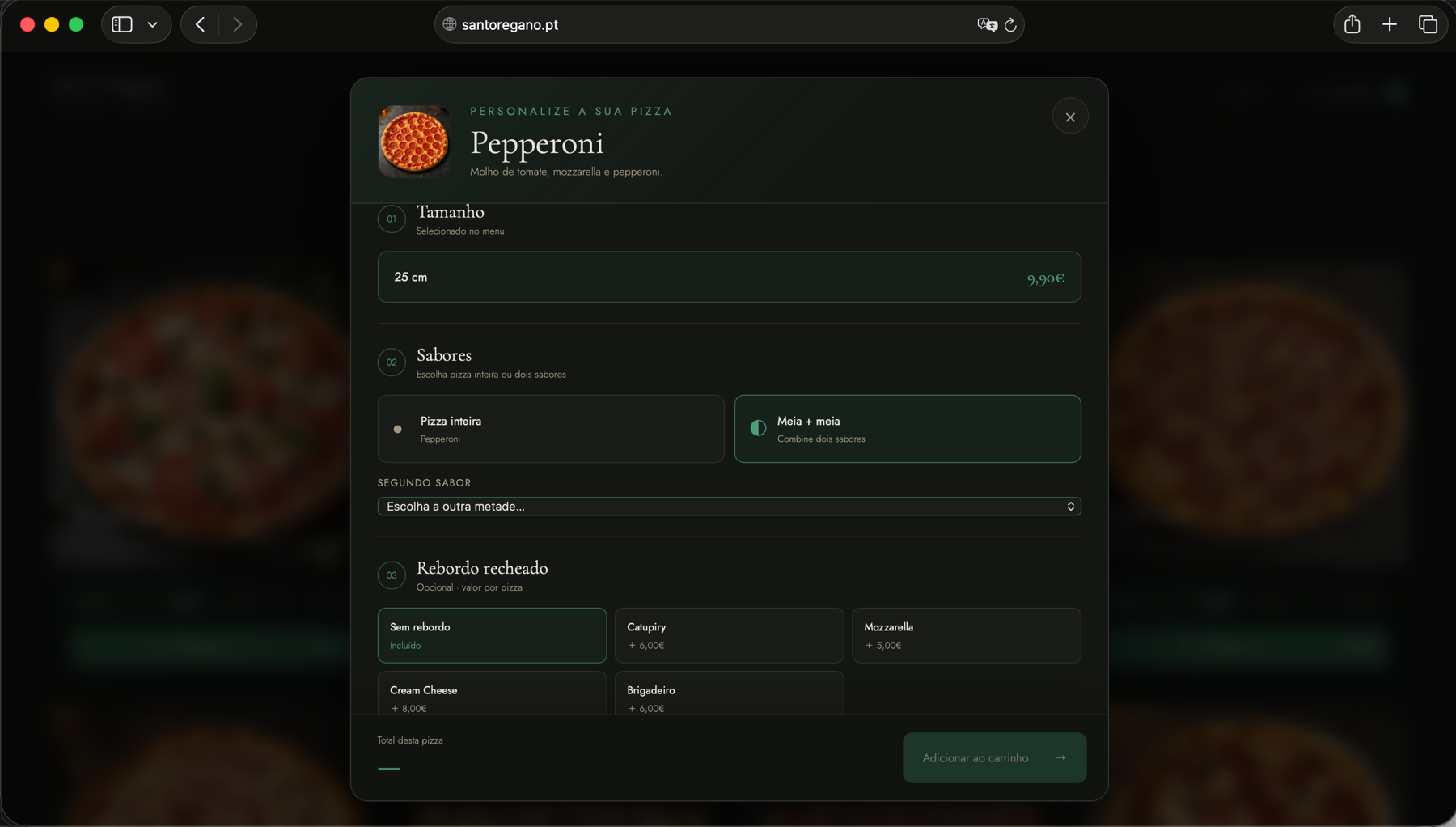 Janela de personalização de uma pizza