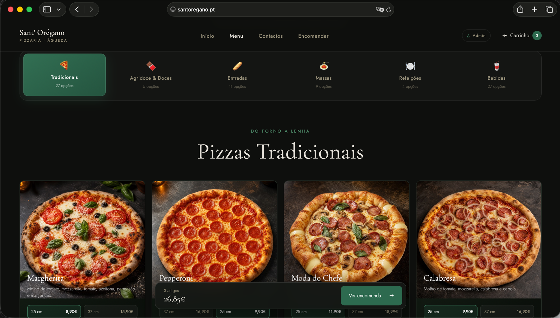Menu interativo com categorias e produtos da Pizzaria Sant'Oregano